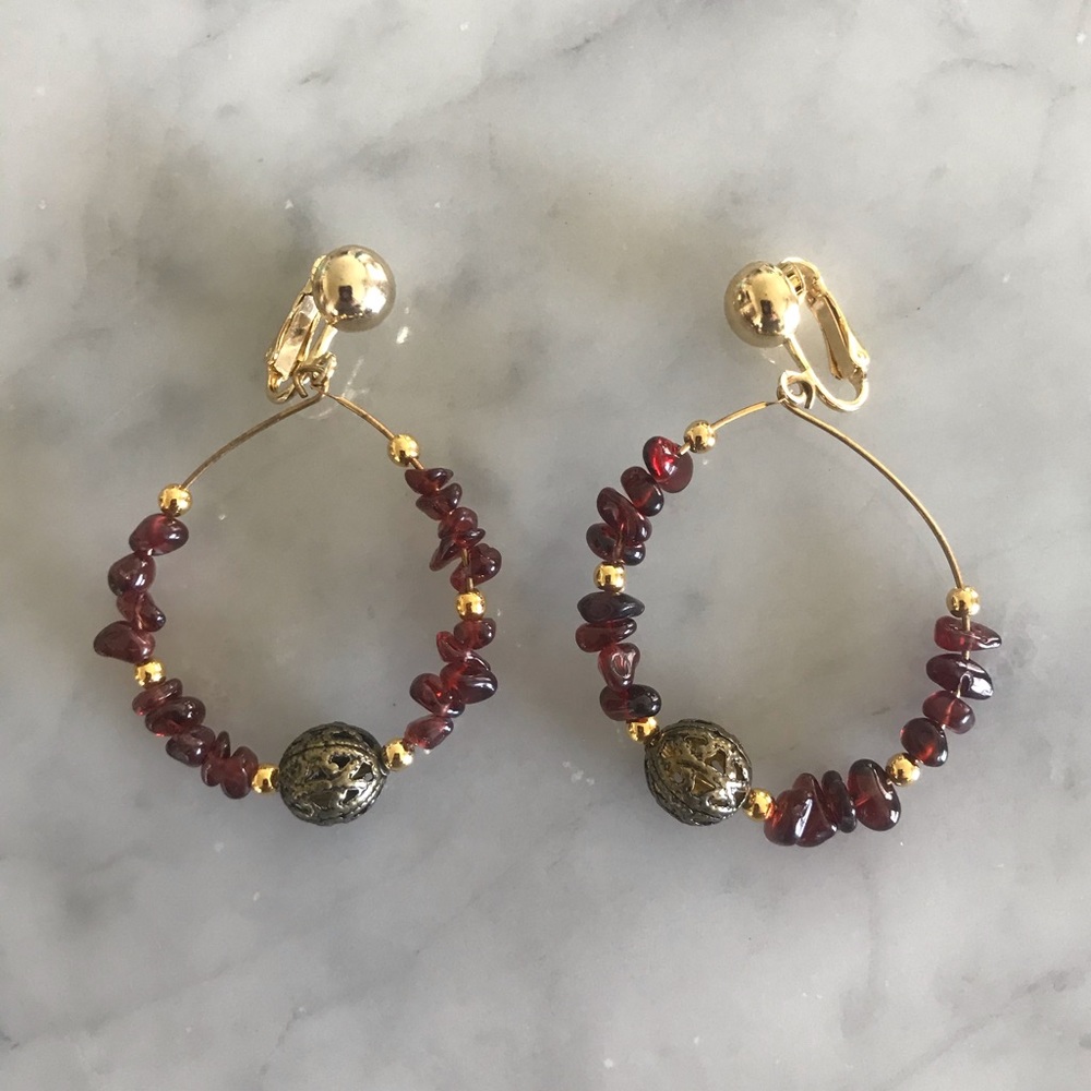 Vintage Beaded Hoop Oval Clip On Earrings
